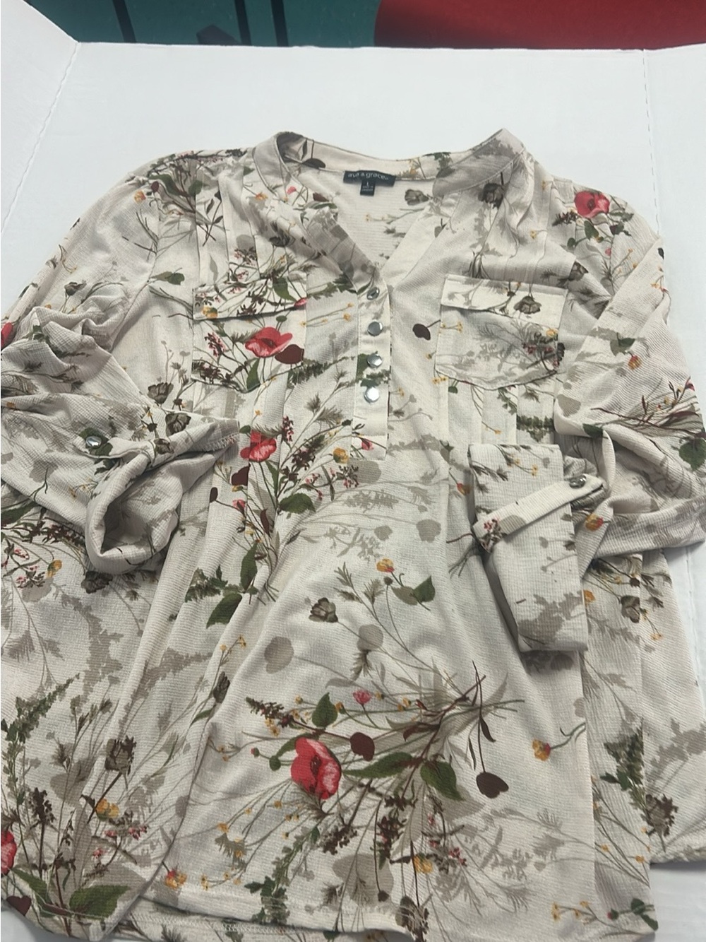 Ava & Grace Cream Blouse with Olive and Rust Floral Accents